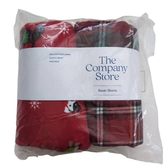 NWT The Company Store Men's Boxer Shorts 2 Pk XL Christmas Holiday Dog Red Plaid - Picture 1 of 4